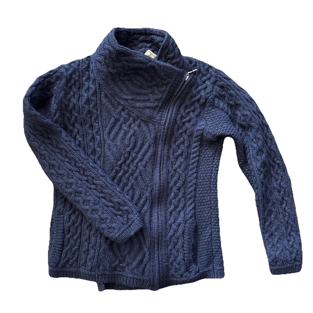 Aran Market Cable Knit Sweater Women S Navy 100% Merino Wool Side Zip Ireland